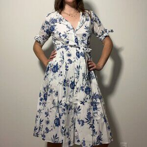 Calvin Klein White & Blue Floral Midi Dress – Elegant & Timeless